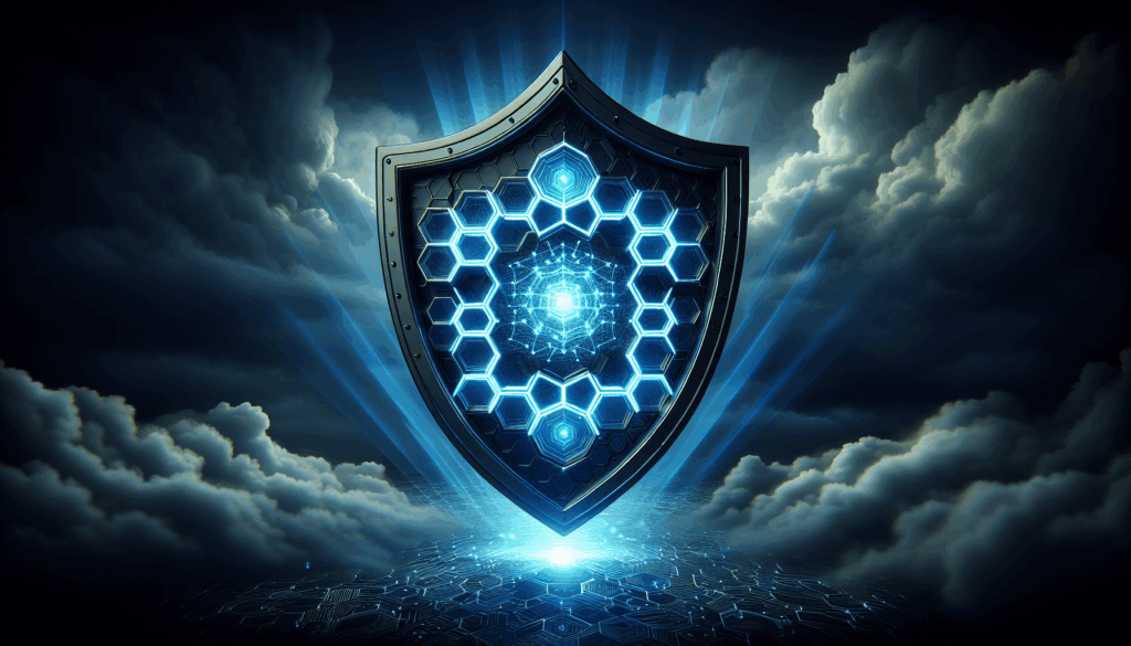 illuminated shield and grid in the clouds